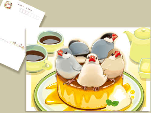文鳥とパンケーキ（厚焼き）のポストカード [ことりスイーツ(麦枝)] 動物